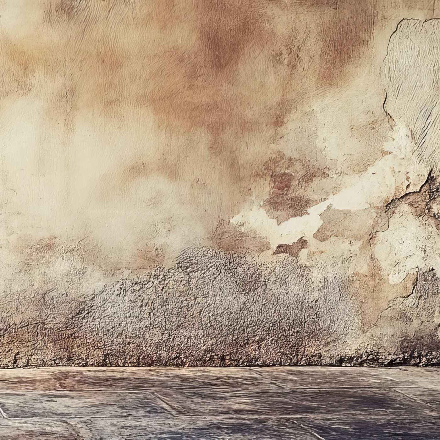 Distressed beige plaster wall with deep texture — blending rustic charm and refined minimalism in Oak Raven style