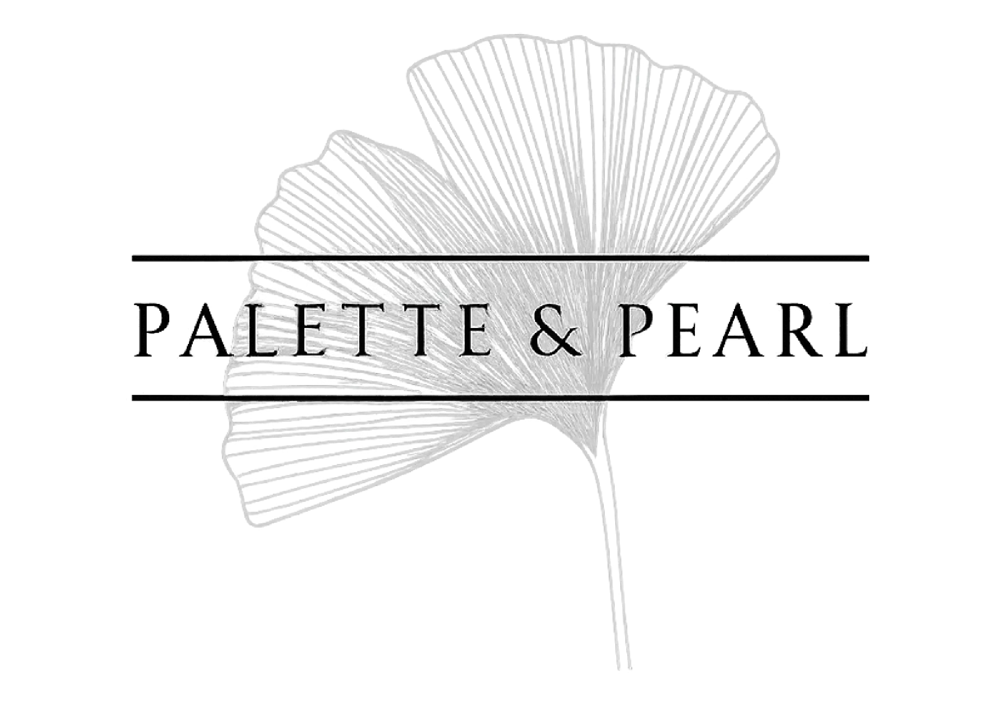 Palette & Pearl logo featuring fine line ginkgo leaf design, representing handcrafted art and timeless elegance