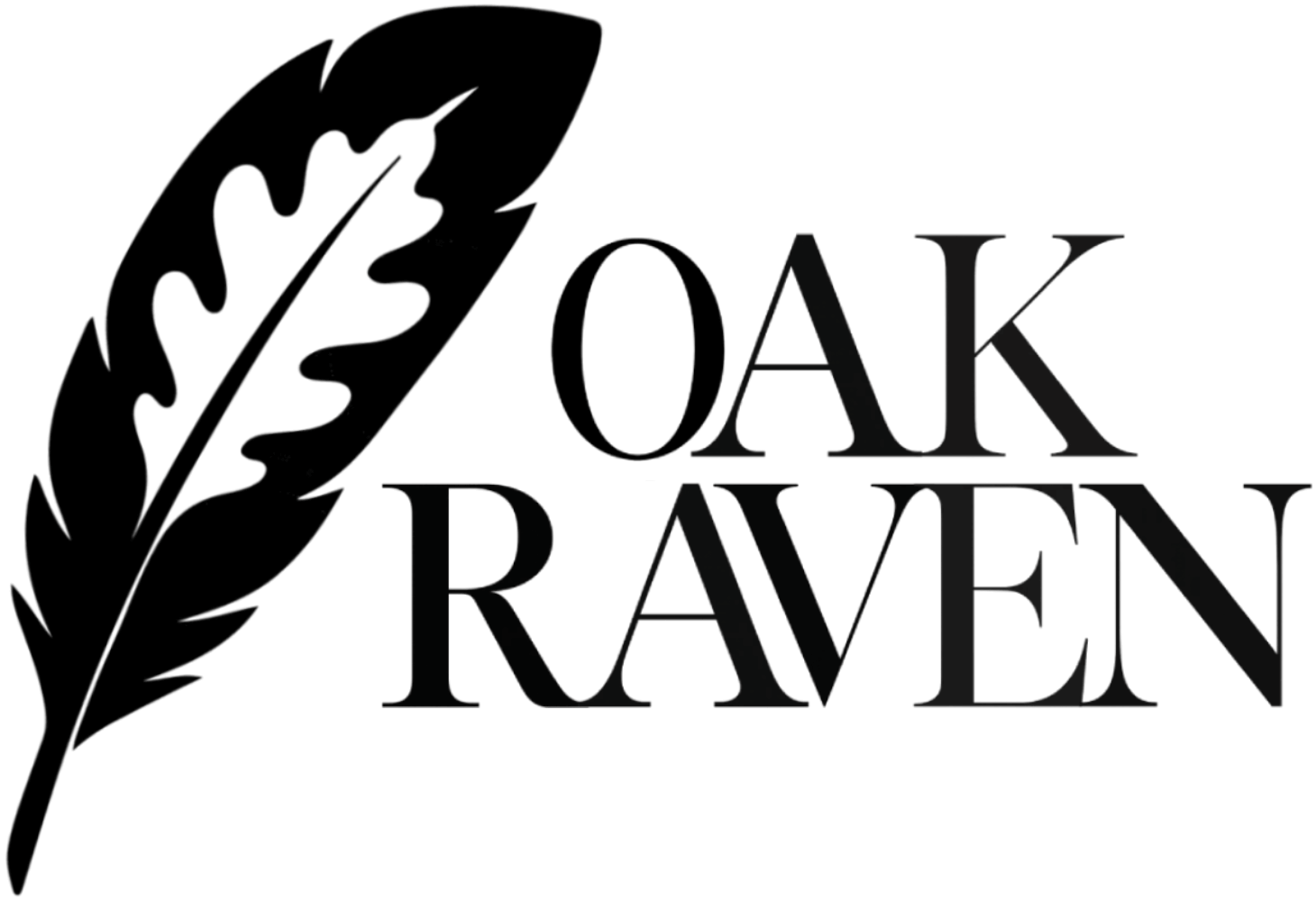 Oak Raven logo – black raven feather with oak leaf design, minimalist silhouette